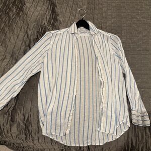 WNU (with nothing underneath) Blue and White Striped “the boyfriend” linen Shirt